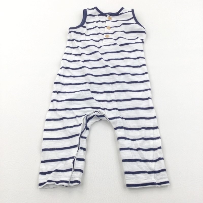 Navy & White Lightweight Jersey Sleeveless Romper - Boys 9-12 Months