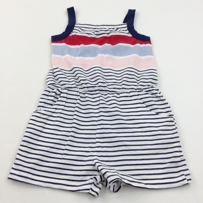 Navy, White, Red & Pink Striped Jersey Playsuit - Girls 3-4 Years