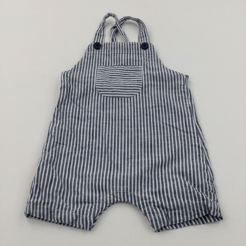 Navy & White Striped Lightweight Lined Cotton Short Dungarees - Boys 12-18 Months