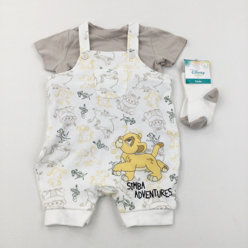 **NEW** 'Simba Adventures' Lion King Cream Jersey Dungarees, Light Brown T-Shirt & Socks Set - Boys 12-18 Months
