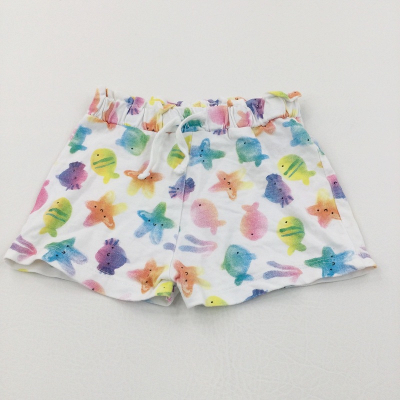 Sea Creatures Colourful White Lightweight Jersey Shorts - Girls 9-12 Months