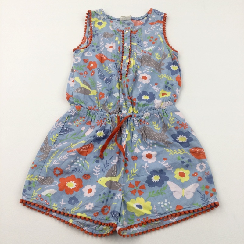 Animals & Flowers Blue & Orange Cotton Playsuit - Girls 9-10 Years