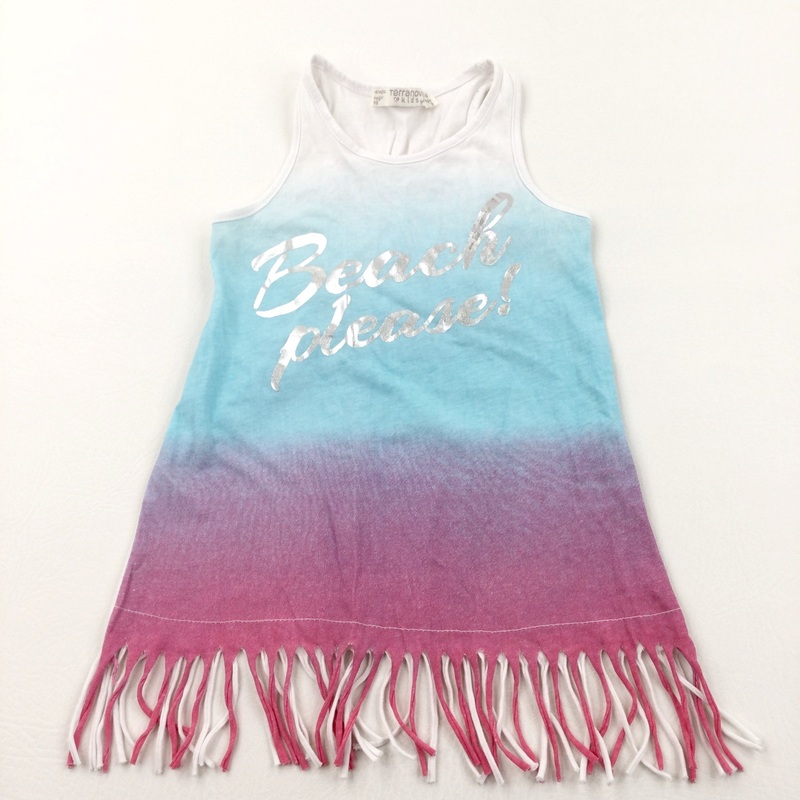 'Beach Please' Blue, Pink & White Vest Top with Tassle Hem - Girls 3 Years