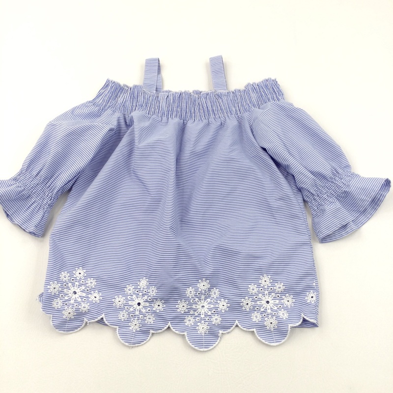 Broderie Flowers Embroidered Blue & White Striped Polyester Cold Shoulder Blouse - Girls 11-12 Years
