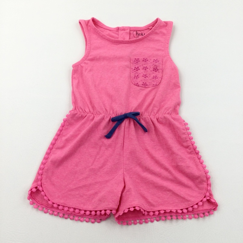 Broderie Pocket Neon Pink Jersey Playsuit with Pom Pom Hems - Girls 2-3 Years