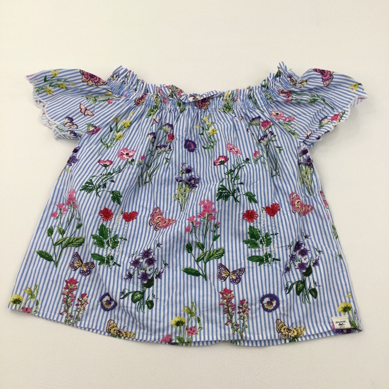 Butterflies & Flowers Embroidered Blue & White Striped Cotton Blouse - Girls 11-12 Years
