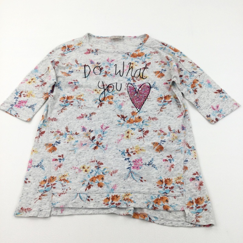 'Do What You Love' Sequins Flowers Oatmeal Half Sleeve Top - Girls 11 Years