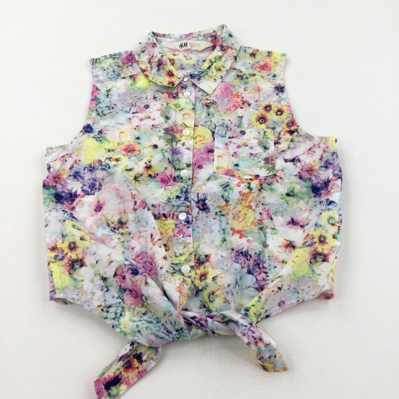 Flowers Pink & Yellow Tie Front Sleeveless Cotton Blouse - Girls 11-12 Years