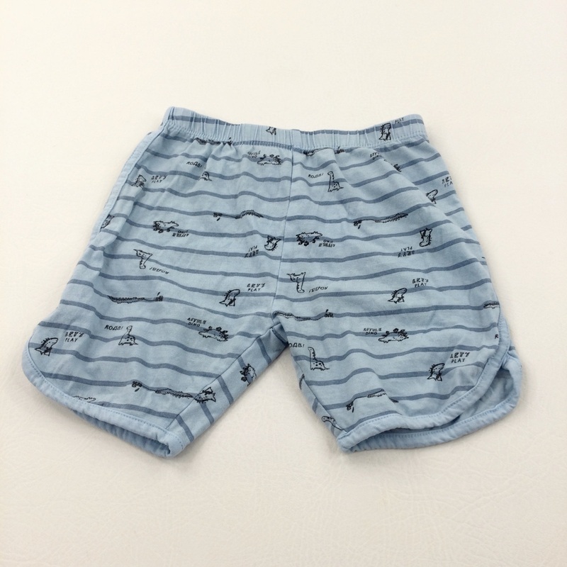 'Little Dino' Dinosaurs Blue Striped Lightweight Jersey Shorts - Boys 18-24 Months