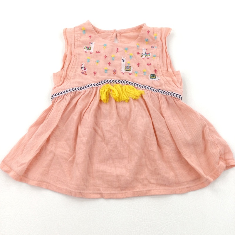 Llamas Embroidered Peach Cotton Sleeveless Blouse - Girls 2-3 Years