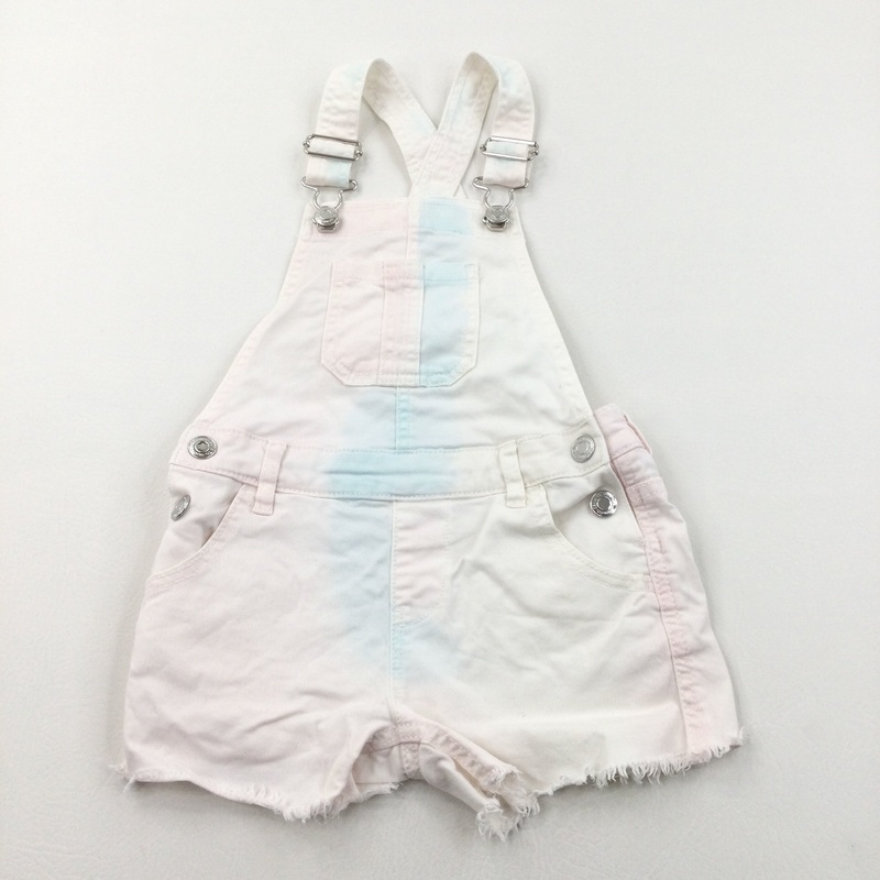 Pastel Tie Dye Effect Pink, Blue & White Cotton Twill Short Dungarees - Girls 3-4 Years