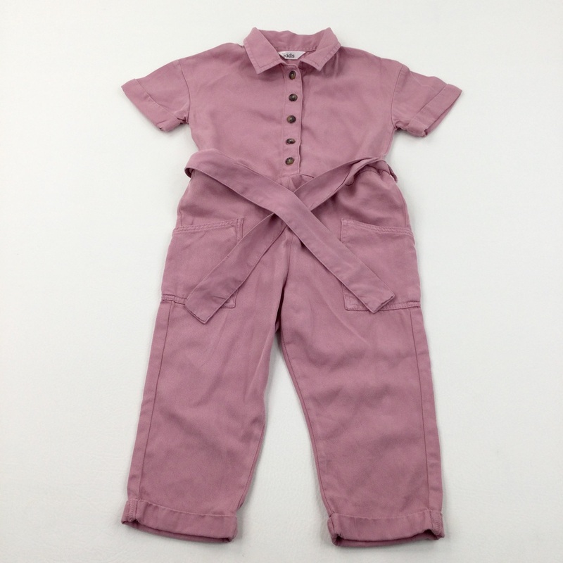 Pink Cotton Jumpsuit with Collar & Fabric Belt - Girls 2-3 Years
