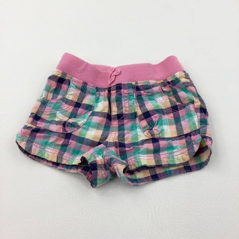 Pink, green, Navy & Yellow Checked Cotton Shorts - Girls 2 Years