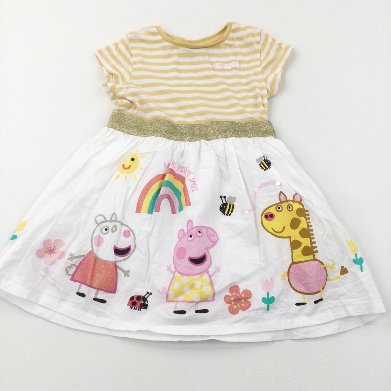 'Rainbows Make Me Smile' Sparkly Peppa Pig & Suzie Sheep Yellow & White Cotton & Jersey Dress - Girls 18-24 Months