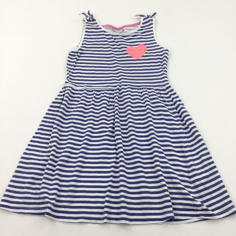 Sequins Heart Blue & White Striped Lightweight Jersey Sun Dress - Girls 10 Years
