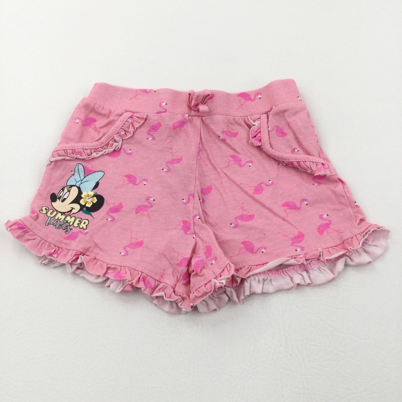 'Summer Vibes' Minnie Mouse & Flamingos Pink Lightweight Jersey Shorts - Girls 5-6 Years