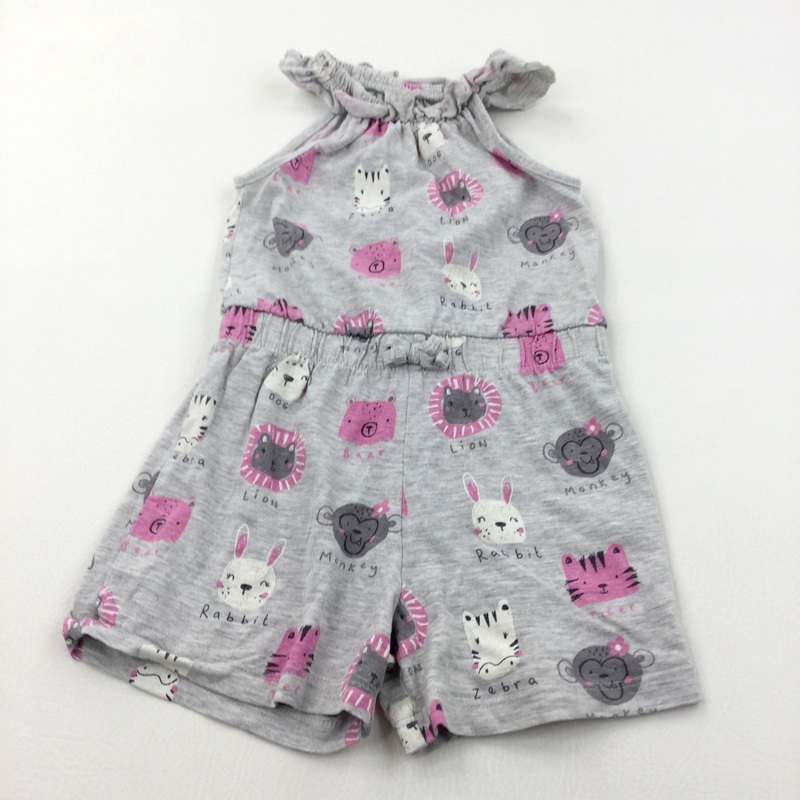 Animals Grey & Pink Lightweight Jersey Playsuit - Girls 3-4 Years