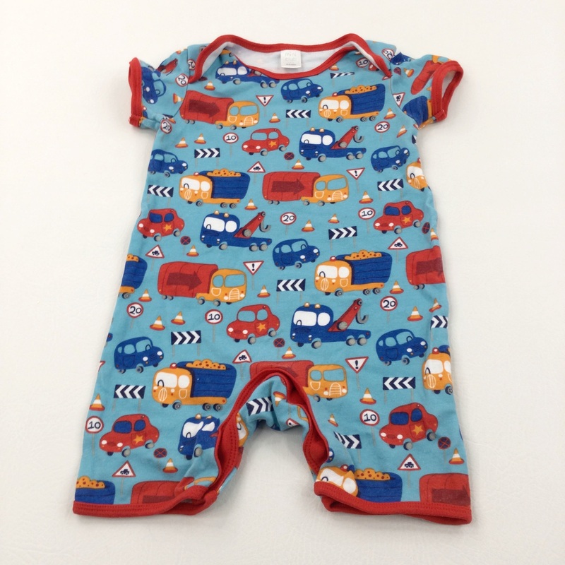 Colourful Vehicles Blue & Red Jersey Romper - Boys 6-9 Months