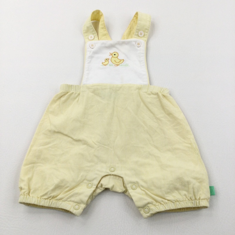 Ducks Embroidered Yellow & White Cotton Short Dungarees - Girls 3-6 Months