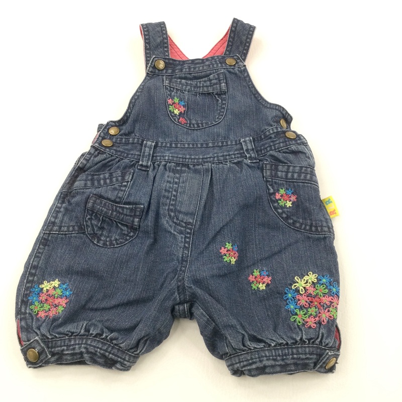 Flowers Embroidered Dark Blue Denim Lined Short Dungarees - Girls 6-9 Months