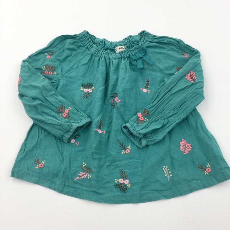 Flowers Embroidered Green Cotton Blouse - Girls 2-3 Years