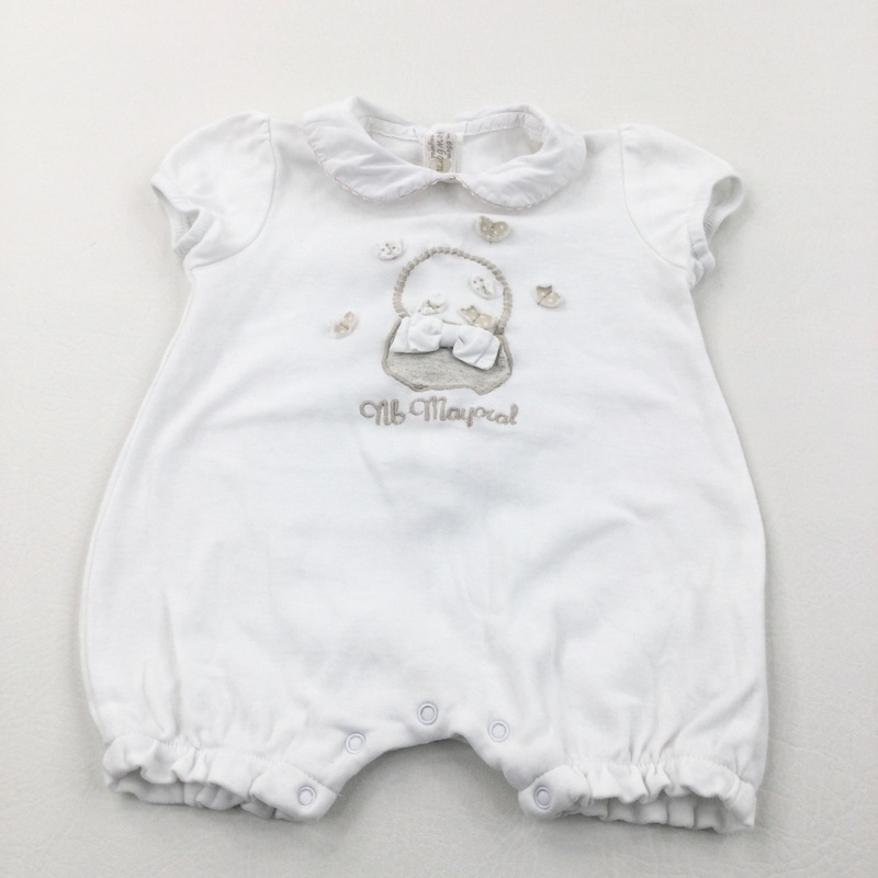 'NB Mayoral' Butterflies & Bag Appliqued White Jersey Romper - Girls Newborn