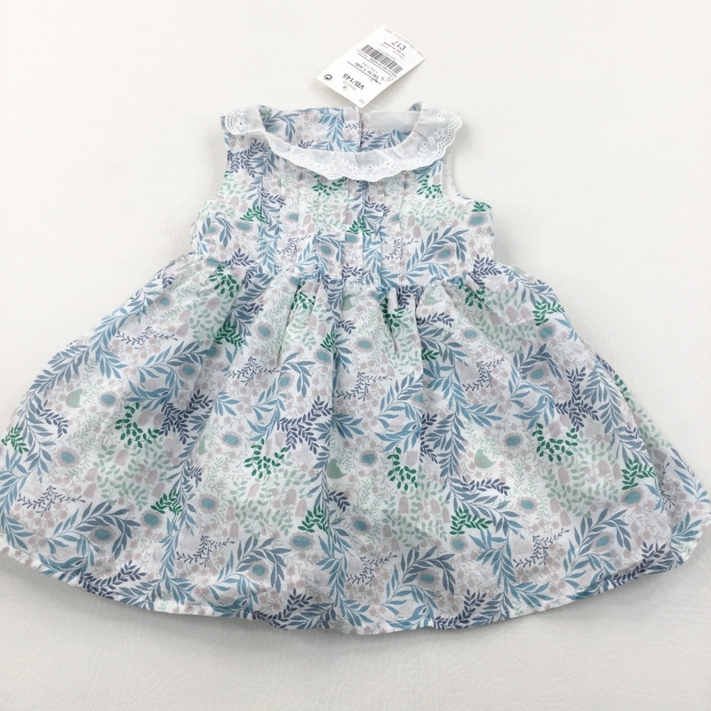 **NEW** Flowers & Leaves Blue, Green & Pink Cotton Party Dress - Girls Newborn
