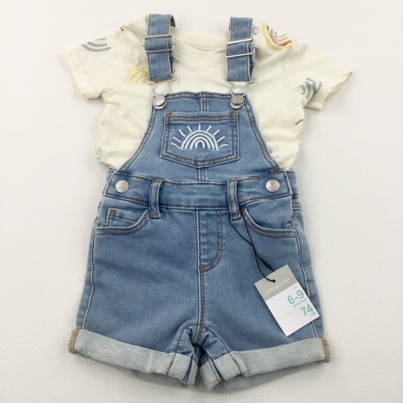 **NEW** Rainbows Mid Blue Short Denim Dungarees & Cream T-Shirt Set - Girls 6-9 Months