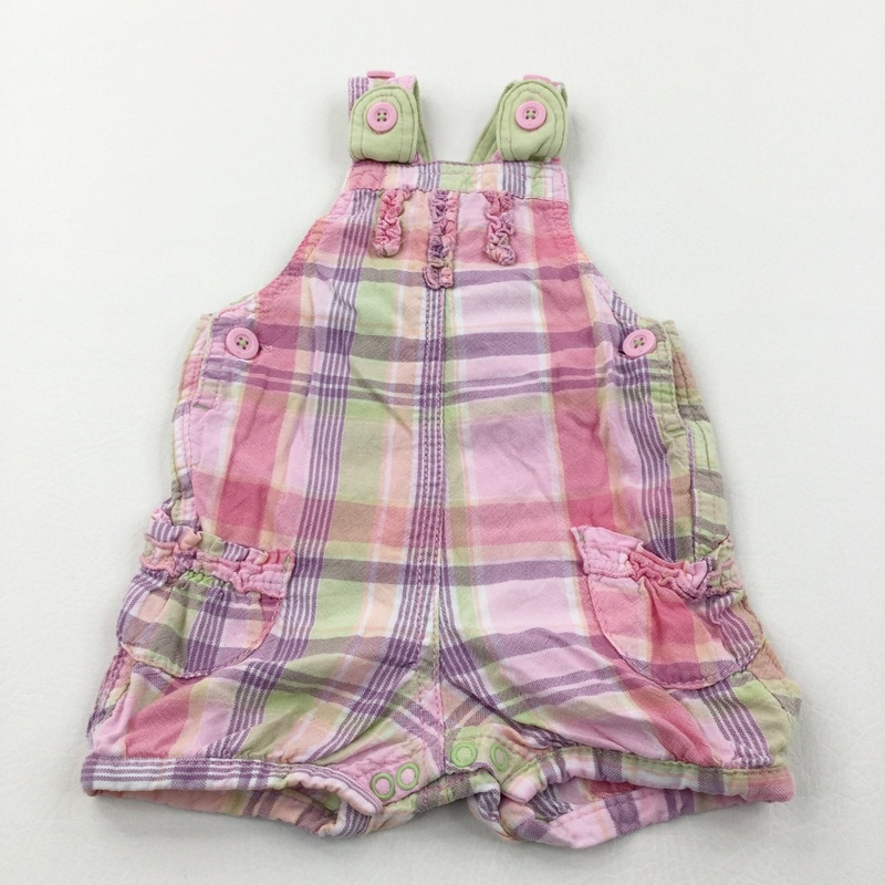 Pink, Green & Purple Checked Cotton Short Dungarees - Girls 3-6 Months