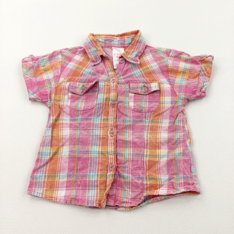 Pink, Orange & Blue Checked Cotton Blouse - Girls 12-18 Months