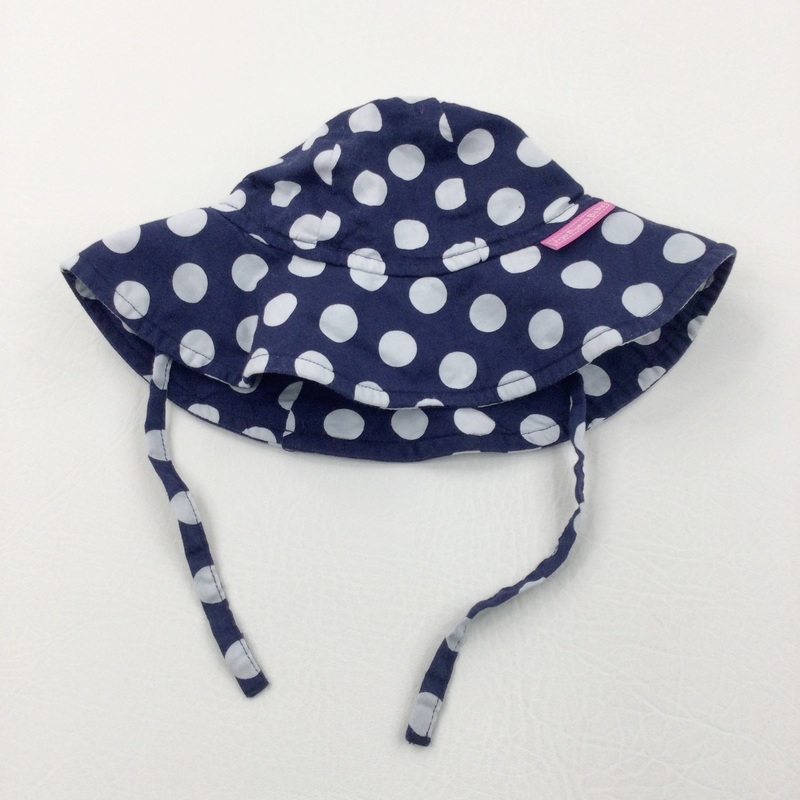 Spotty White & Navy Cotton Sun Hat with Chin Strap - Girls 0-6 Months