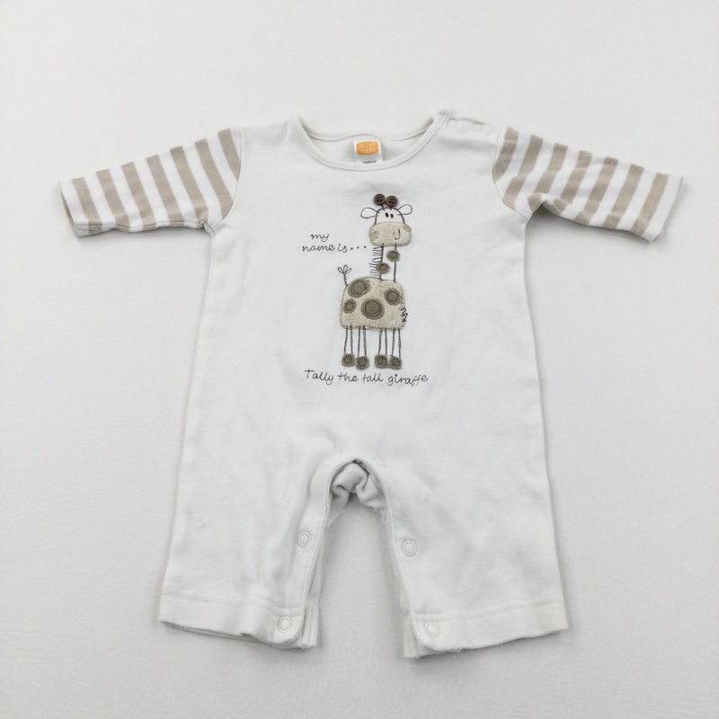 'Tally The Tall Giraffe' Appliqued White & Beige Romper - Boys/Girls Newborn