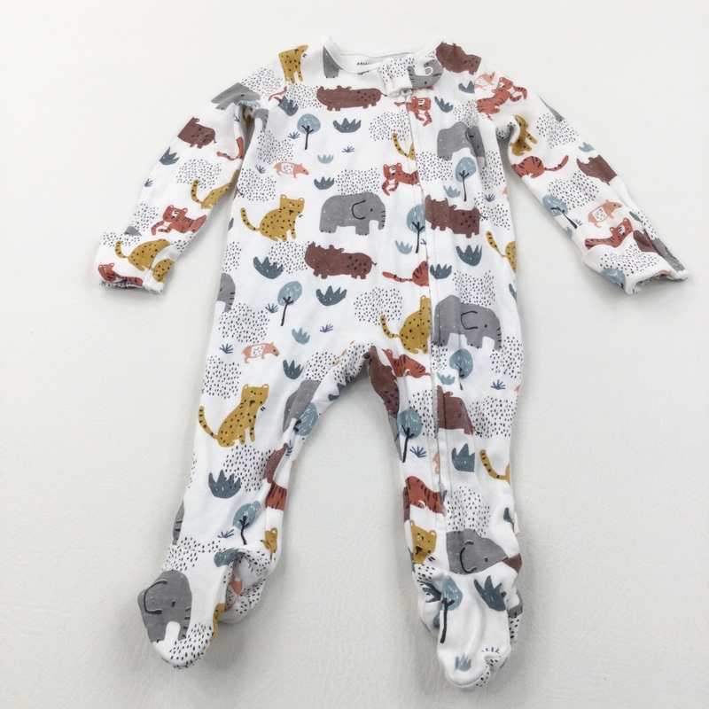 Wild Animals Colourful White Babygrow with Integrated Mitts - Boys 3-6 Months