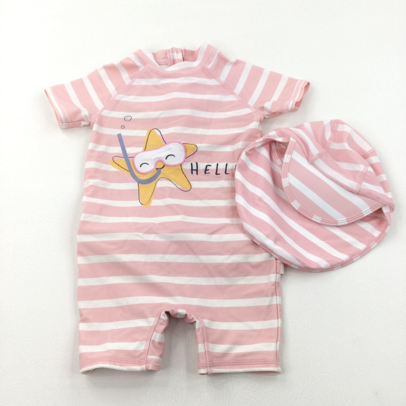 'Hello' Starfish Pink & White Striped Sun/Beach Suit with Matching Neck Protector Hat - Girls 12-18 Months