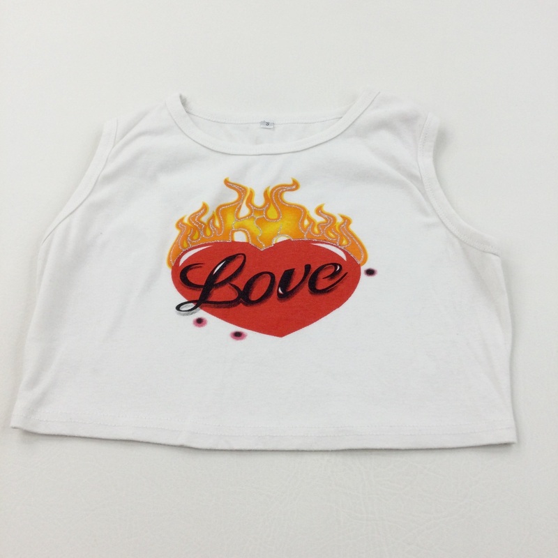 'Love' Heart On Fire White Crop Top - Girls 10-11 Years