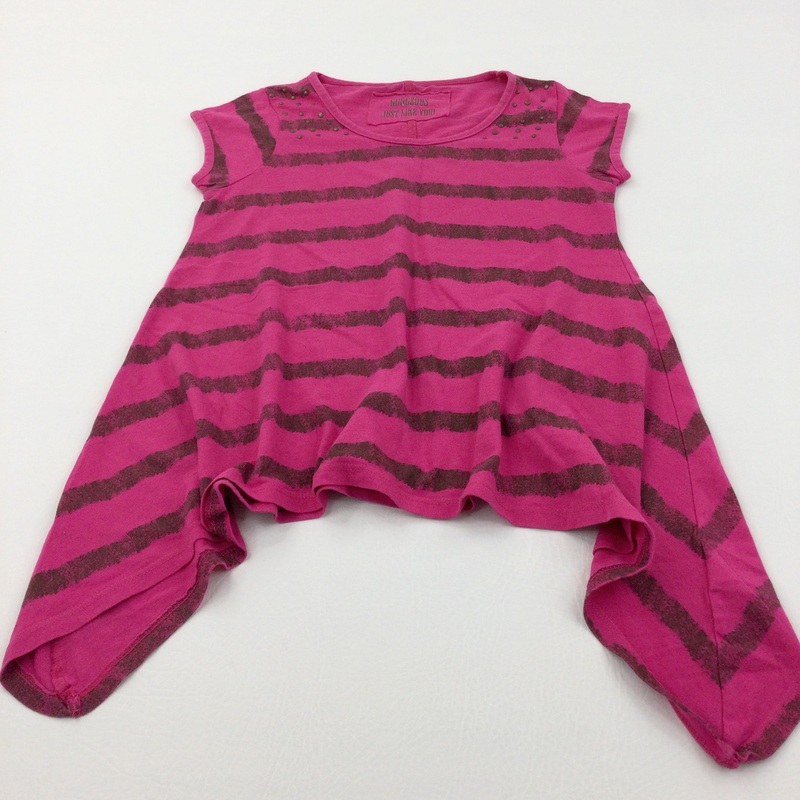 Studs Detail Dark Pink & Grey Striped Dip Hem T-Shirt  - Girls 8-9 Years