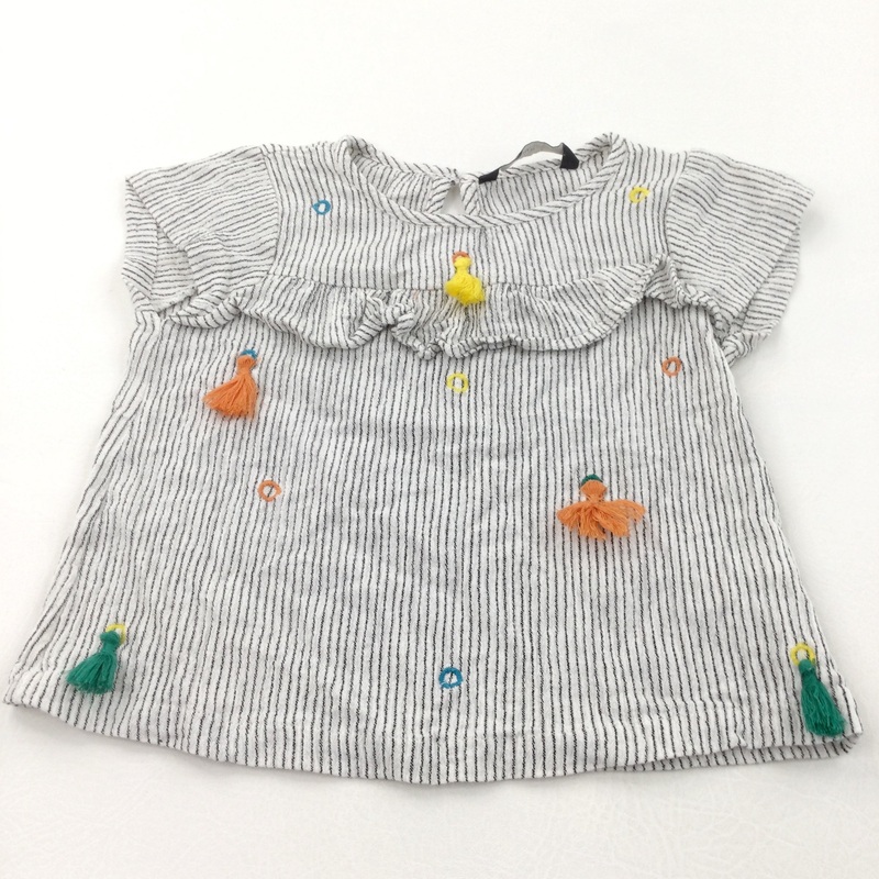 Tassels Appliqued White & Black Striped Top - Girls 2-3 Years