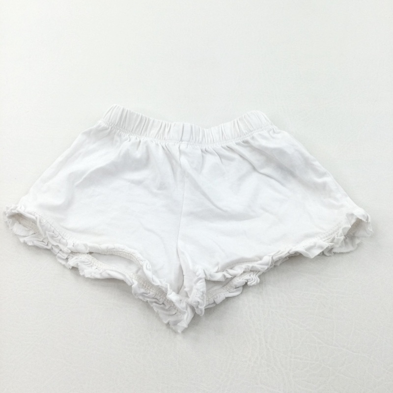 White Lightweight Jersey Shorts with Frilly Hems - Girls 12-18 Months