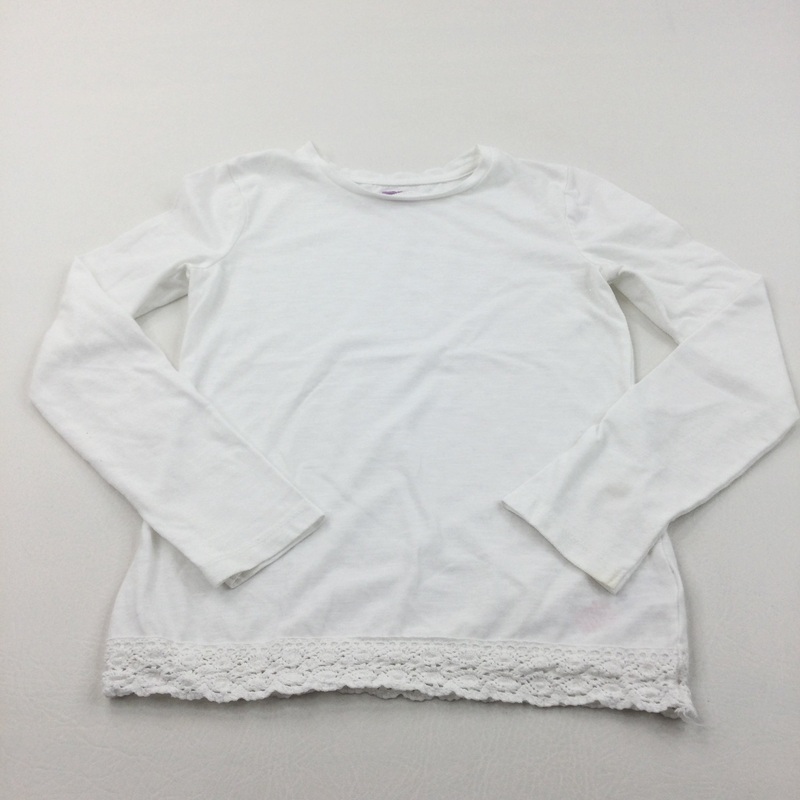 White Long Sleeve Top with Lacey Hem - Girls 9-10 Years
