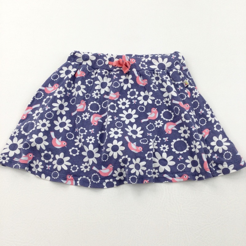 Birds & Flowers Blue, White & Pink Lightweight Organic Cotton Jersey Skort - Girls 3-4 Years