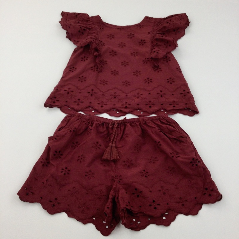 Broderie Flowers Dark Maroon Cotton Blouse & Shorts Set - Girls 11-12 Years