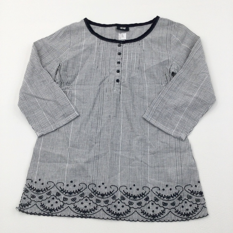Embroidered Sparkly Grey, Black & White Striped Cotton Blouse - Girls 9-10 Years