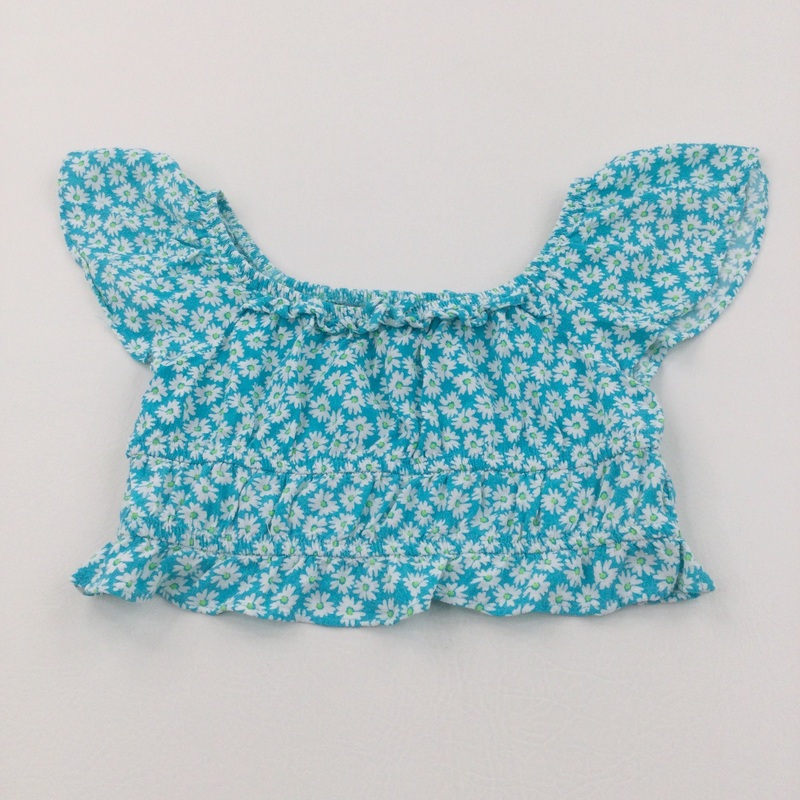Flowers Blue & White Viscose Cropped Blouse - Girls 9 Years