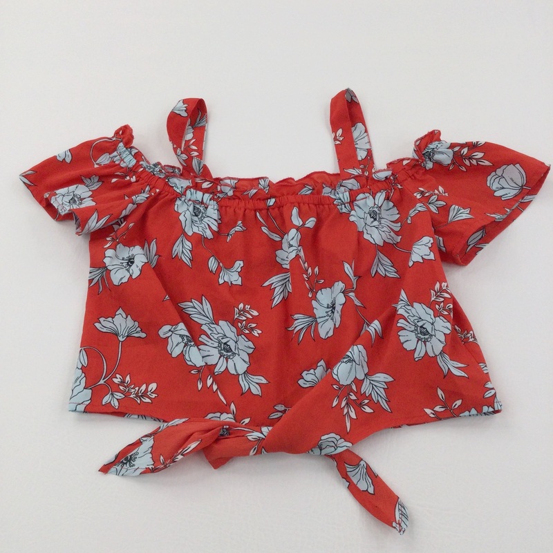 Flowers Grey & Blue Tie Front Vest Blouse - Girls 10 Years