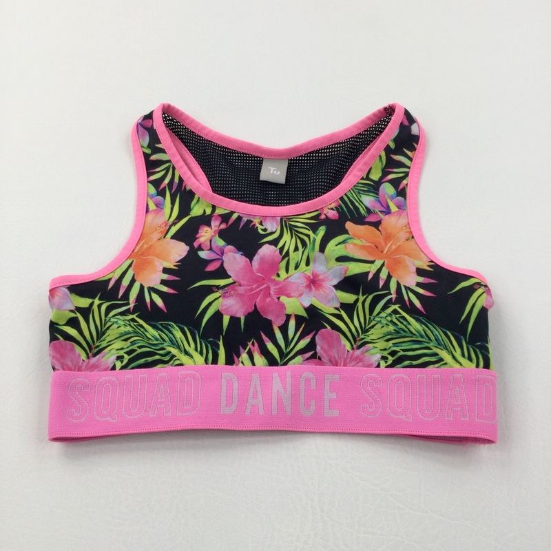 Flowers & Leaves Pink & Black Sports Style Crop Top - Girls 10 Years
