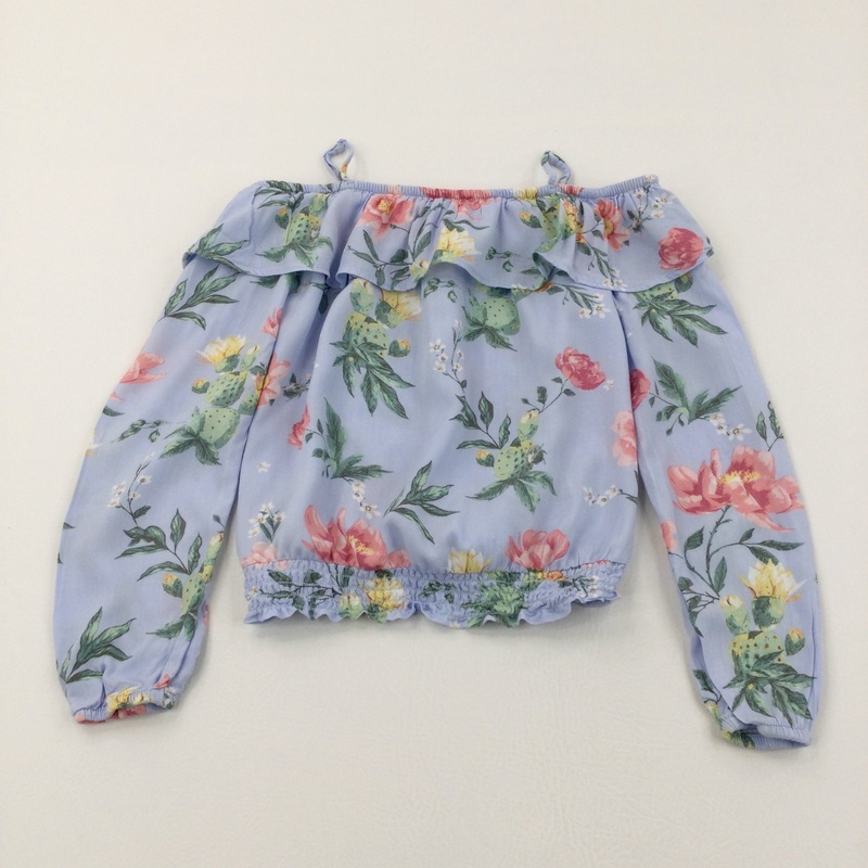 Flowers Pale Blue Viscose Blouse - Girls 10-11 Years