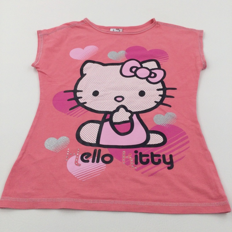 ''Hello Kitty' Sparkly Hearts Pink T-Shirt- Girls 8-9 Years
