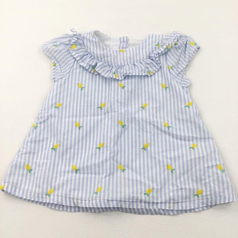 Lemons Embroidered Blue & White Striped Cotton Blouse - Girls 3-4 Years