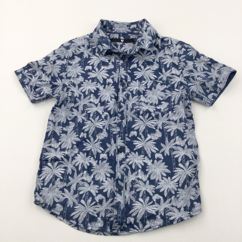 Palm Trees White & Blue Cotton Shirt - Boys 7-8 Years
