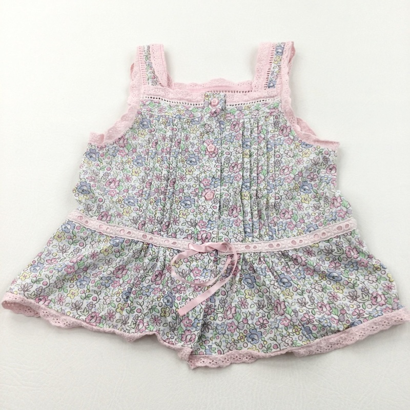 Pastel Flowers Pink & White Jersey Vest Top with Lace Detail - Girls 5-6 Years